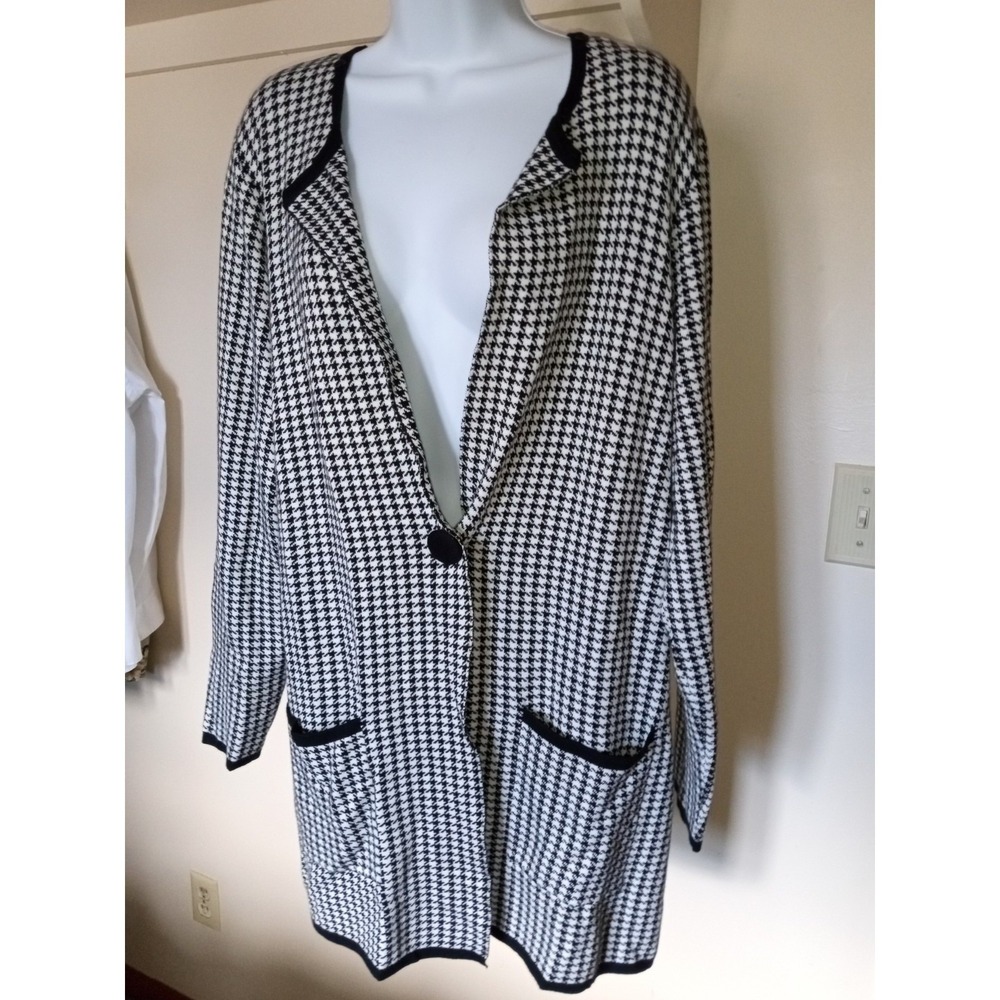 Lauren Michelle Houndstooth Cardigan Sweater Black White Longline Button Front L